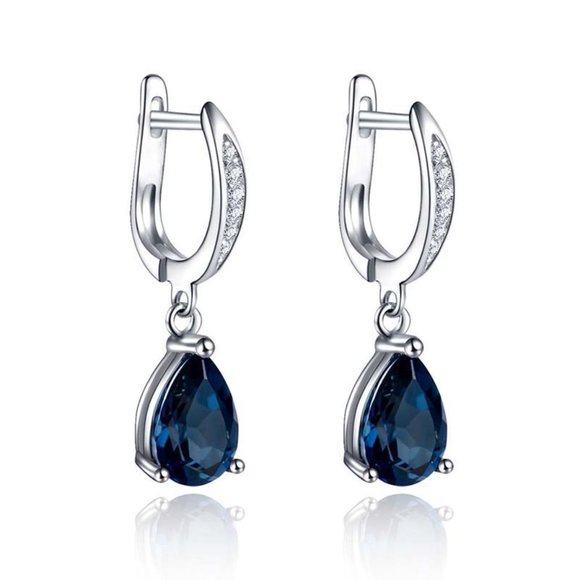 925 Silver Plated Blue Crystal Water Drop Shaped Earrings, FB16FA1159 - Picture 2 of 3